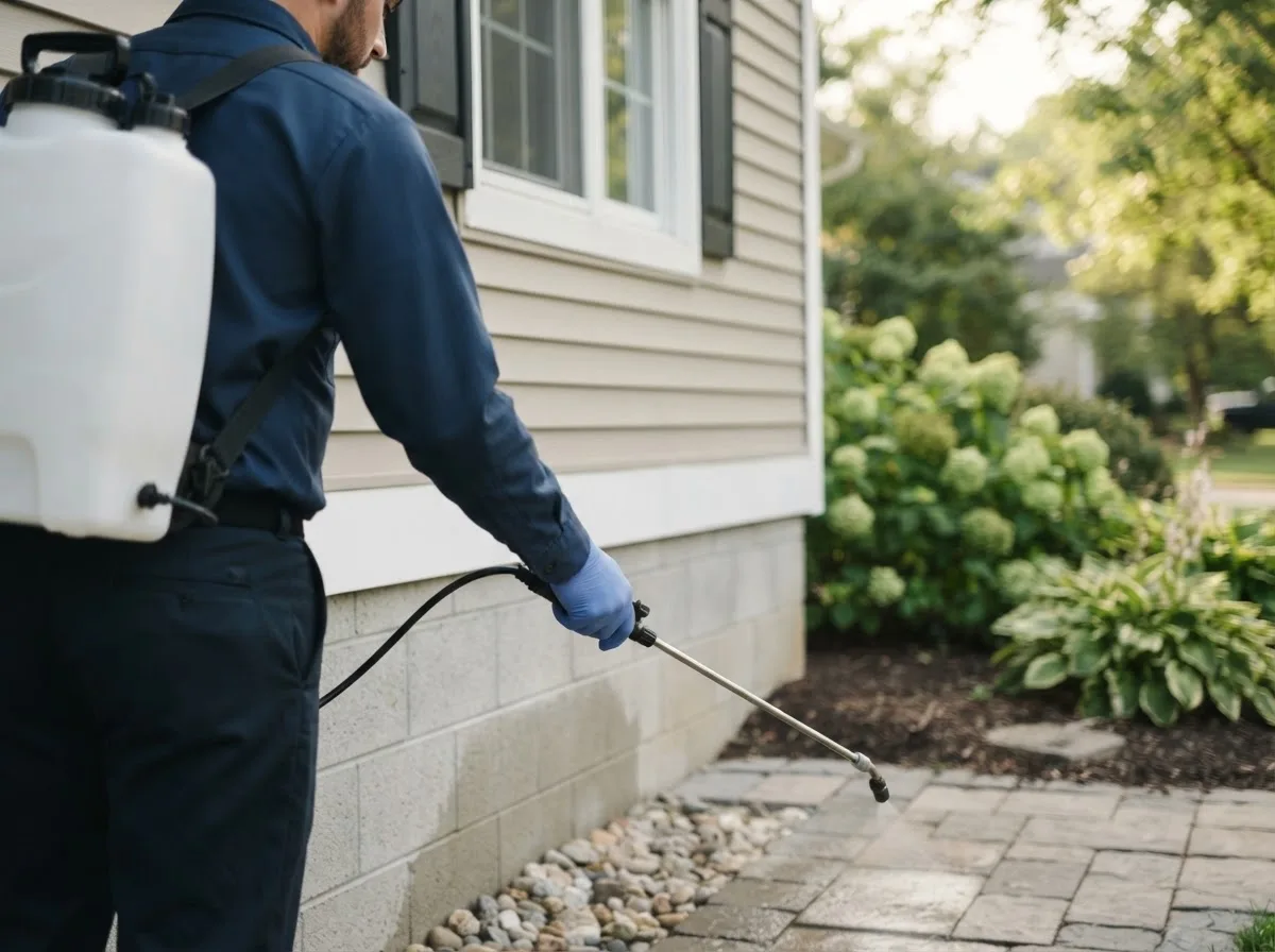 Pest control technician inspecting a home in Minerva, NY